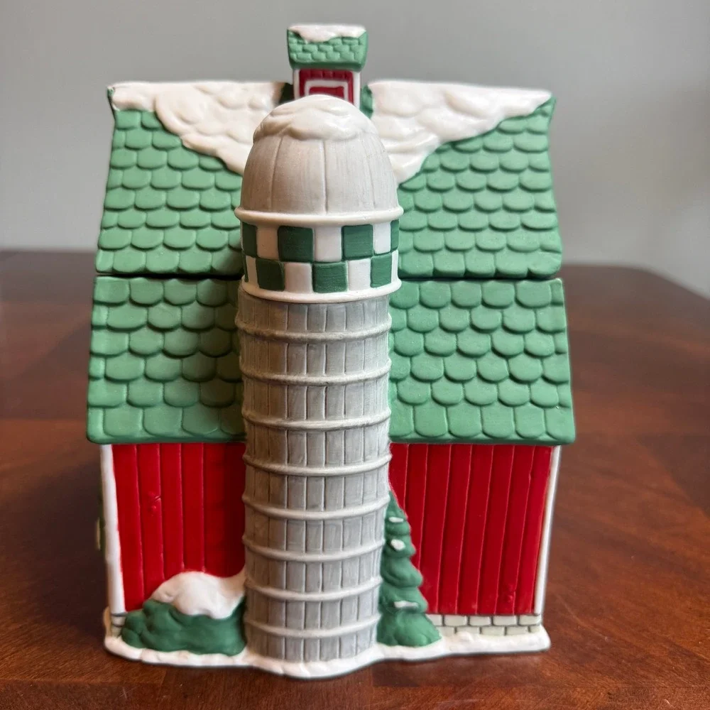 Rustic Ceramic Holiday Barn Lidded Jar Winter‎ Farmhouse Christmas Decor Nichols